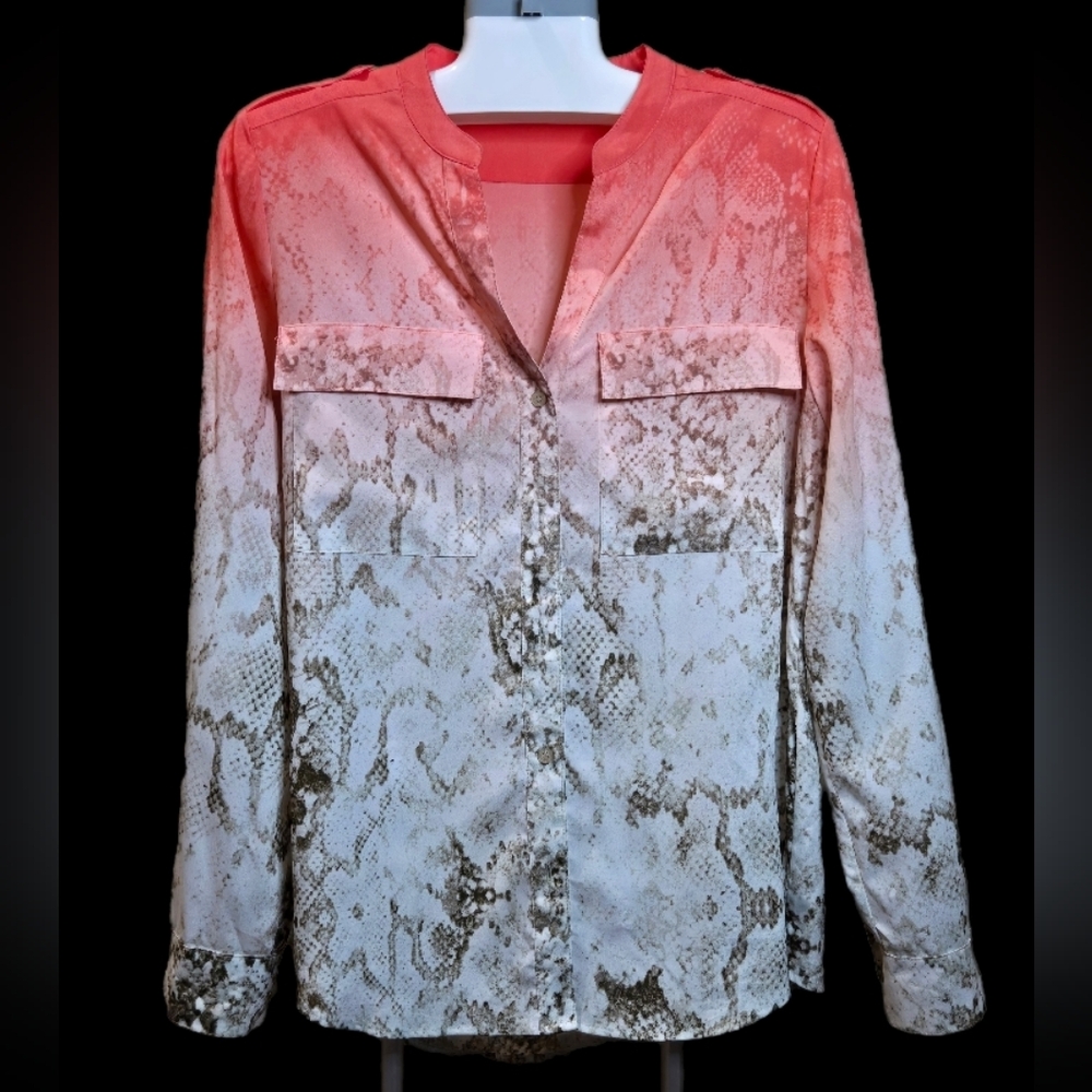 Calvin Klein Melon, Brown‎ and White Ombre Snakeskin Print Blouse